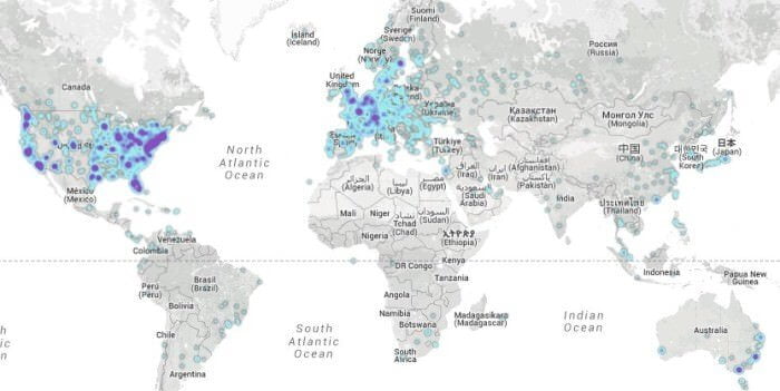 Dünya'da Bitcoin üretim ağının genel bir görüntüsü. (Nisan 2014)